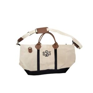 CB Station Jumbo Weekender Canvas Zip Tote Navy Cream Travel Bag 27 X 14 X 10